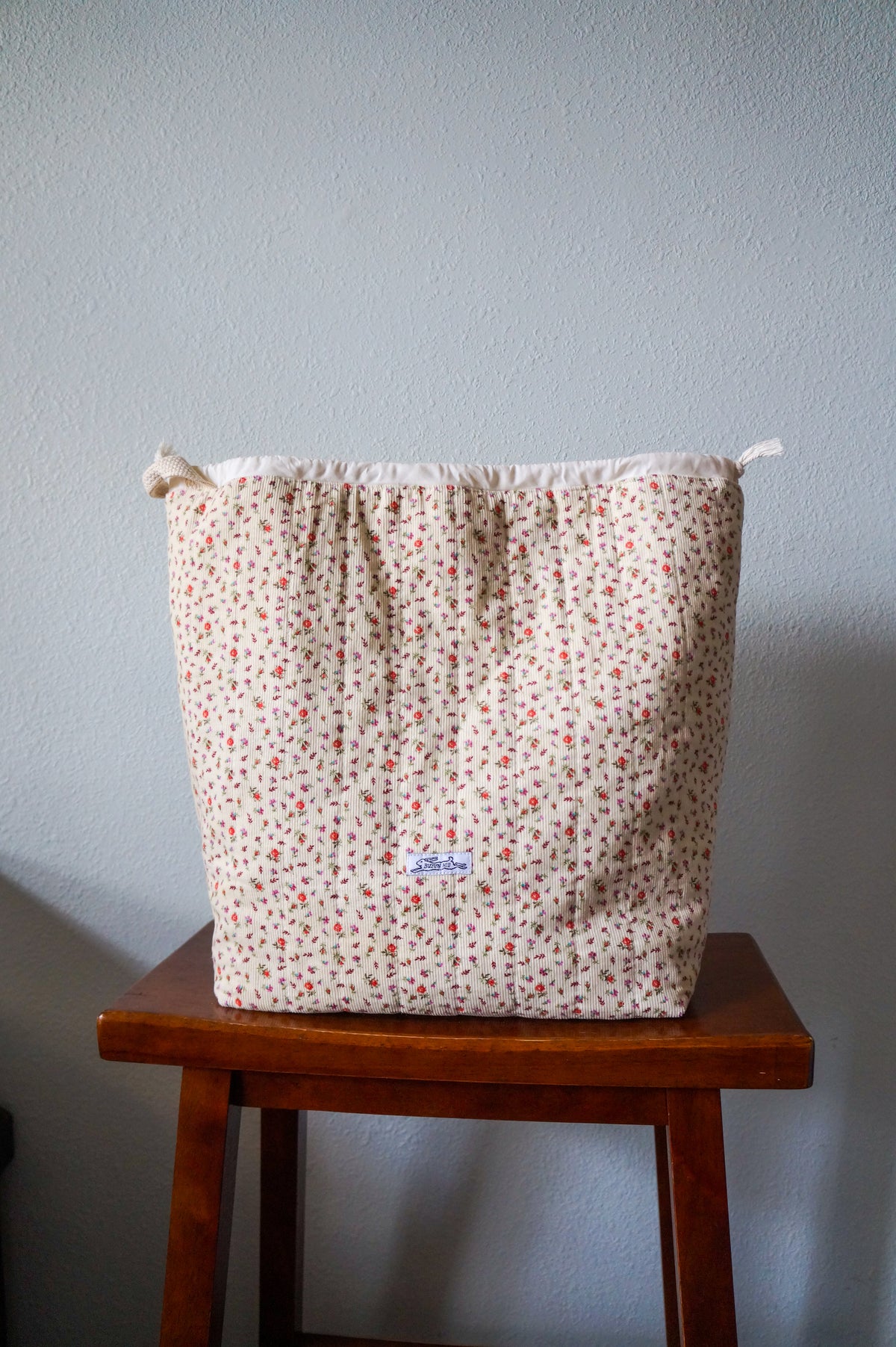 Handmade xlarge 1/1 vintage floral corduroy drawstring bag